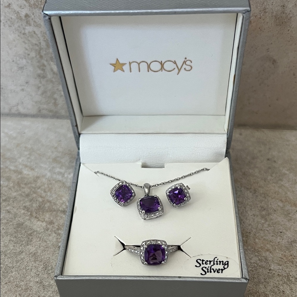 Macy's Sterling Silver Necklace Set with Purple Stones
